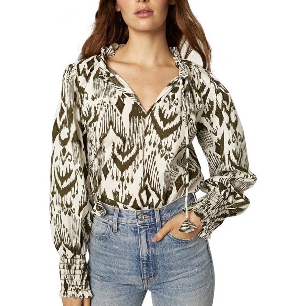 MISA Los Angeles Merida Tie Blouse Green Ikat Print Ruffle Neck Cotton L